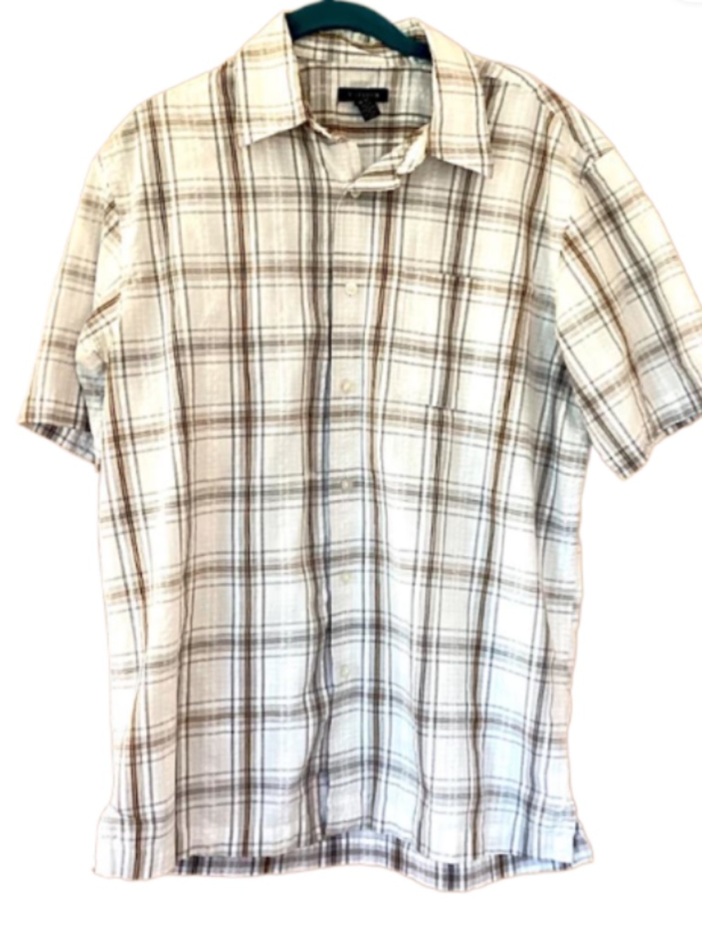 Van Heusen Mens Gray and Beige Plaid Short Sleeve Shirt, M, 15-15.5